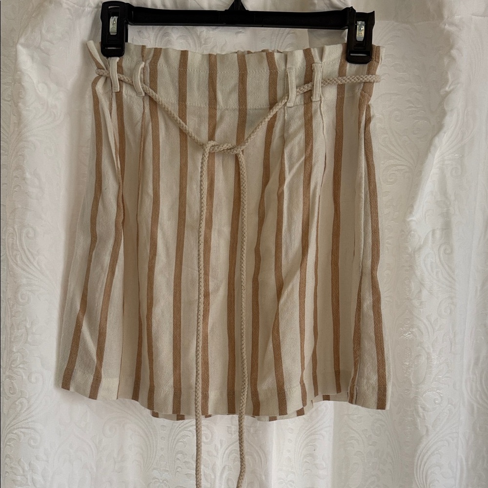 American Eagle Outfitters Cream and Tan Striped Linen Skirt with Rope Waist